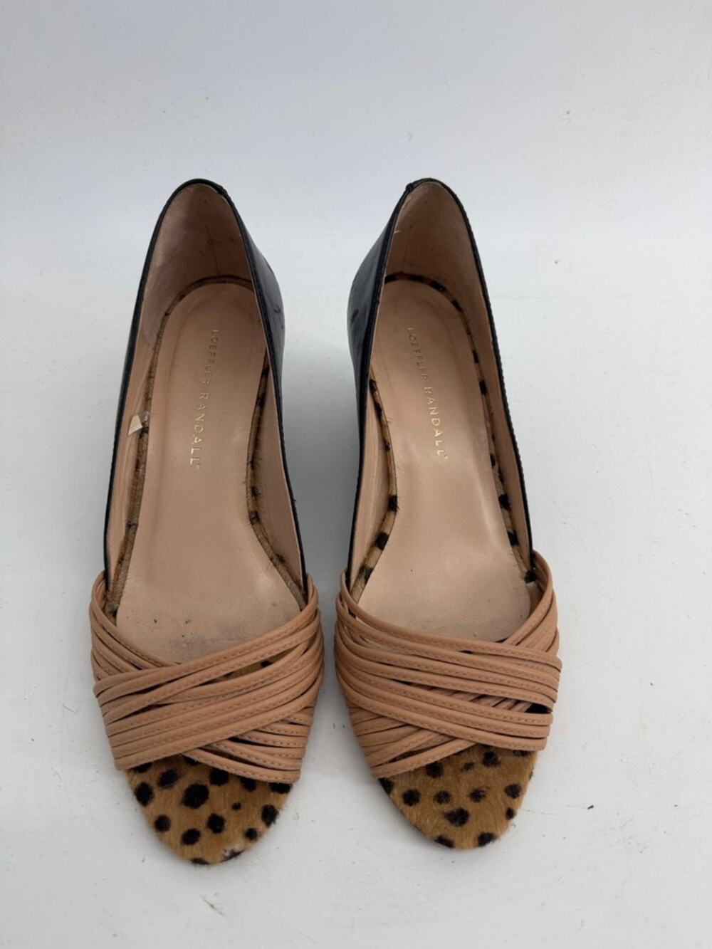 Loeffler Randall leather leopard print calf hair strappy wedge heel sz 6.5